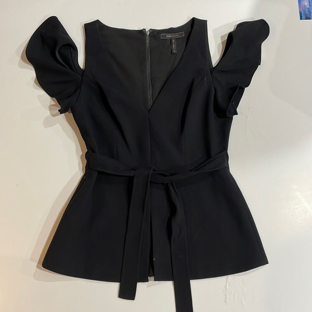 BCBG belted cold shoulder V neck top